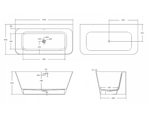 Ванна из искусственного камня Solid Surface 1700x800x600 CEZARES CZR-LINER-170-80-60-SSB