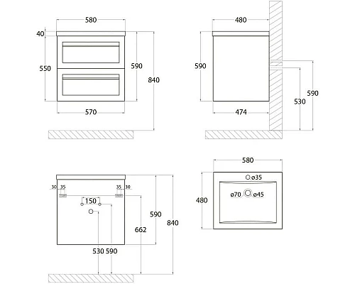 Купить Тумба Bianco Lucido 57 см Art&Max Platino AM-Platino-580-2C-SO-BL в магазине сантехники Santeh-Crystal.ru