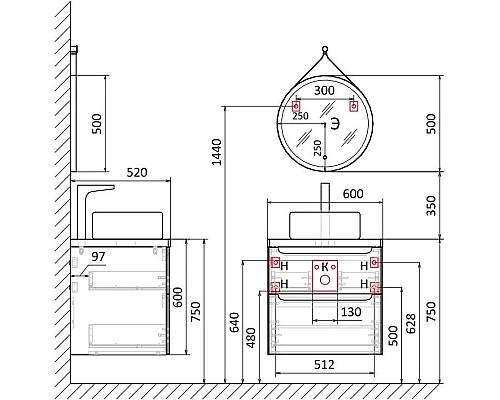 Приобрести Тумба серый матовый 60 см Jorno Wood Wood.01.60/P/GR + Wood.06.60/DW в магазине сантехники Santeh-Crystal.ru