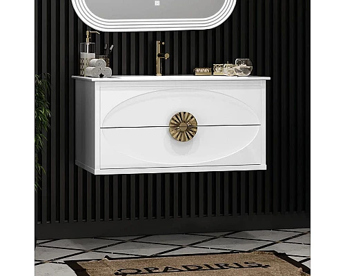 Купить Тумба с раковиной белый глянец/золото 91 см Opadiris Ибица в магазине сантехники Santeh-Crystal.ru