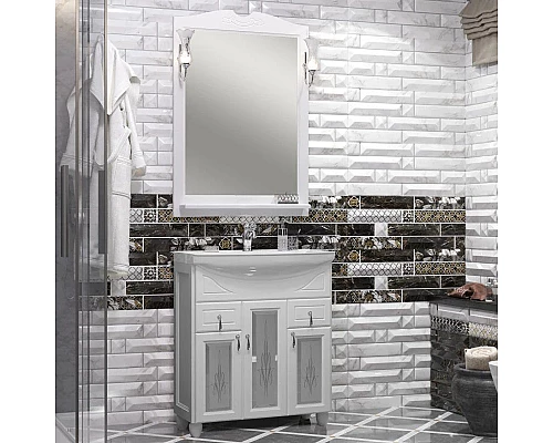 Приобрести Комплект мебели белый матовый 76 см с художественным стеклом Opadiris Тибет в магазине сантехники Santeh-Crystal.ru