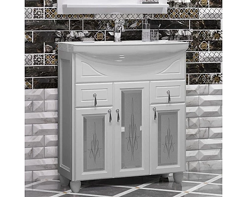 Приобрести Комплект мебели белый матовый 76 см с художественным стеклом Opadiris Тибет в магазине сантехники Santeh-Crystal.ru