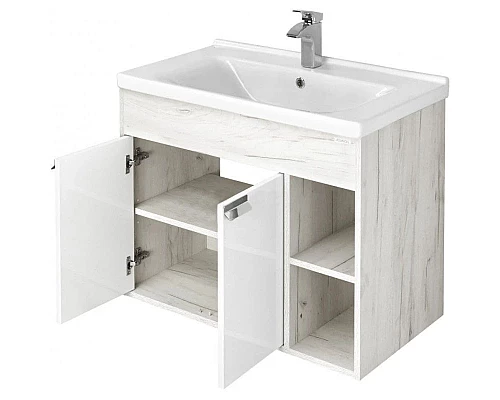 Купить Тумба с раковиной белый глянец/дуб крафт 80 см Акватон Флай 1A2374K0FAX10 в магазине сантехники Santeh-Crystal.ru