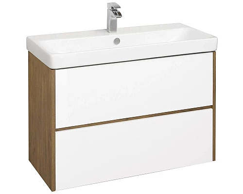 Купить Тумба с раковиной белый глянец/дуб рустикальный 90 см Акватон Сканди 1A2519K0SDZ90 в магазине сантехники Santeh-Crystal.ru