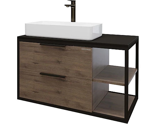 Приобрести Тумба с раковиной дуб веллингтон/черный 90 см Grossman Лофт 109001 + GR-3031 в магазине сантехники Santeh-Crystal.ru