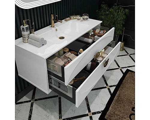 Приобрести Тумба с раковиной белый глянец/золото 121 см Opadiris Ибица в магазине сантехники Santeh-Crystal.ru
