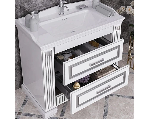 Купить Тумба с раковиной белый серебряная патина 100 см Opadiris Оникс в магазине сантехники Santeh-Crystal.ru