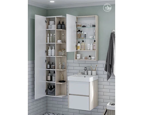 Купить Зеркальный шкаф 45х85 см белый глянец/дуб верона Акватон Сканди 1A252002SDB20 в магазине сантехники Santeh-Crystal.ru