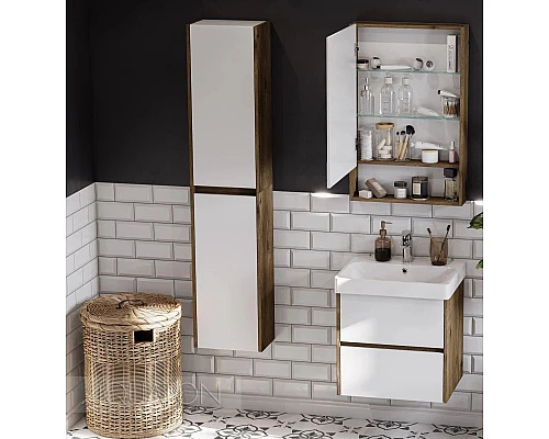 Приобрести Зеркальный шкаф 55х85 см белый глянец/дуб рустикальный Акватон Сканди 1A252102SDZ90 в магазине сантехники Santeh-Crystal.ru