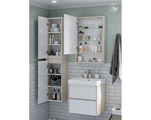 Купить Зеркальный шкаф 55х85 см белый глянец/дуб верона Акватон Сканди 1A252102SDB20 в магазине сантехники Santeh-Crystal.ru