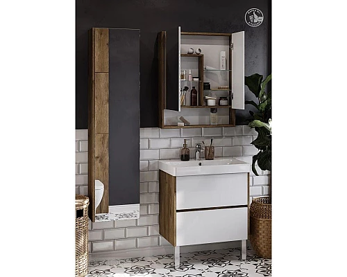 Приобрести Зеркальный шкаф 70х85 см белый глянец/дуб рустикальный Акватон Сканди 1A252202SDZ90 в магазине сантехники Santeh-Crystal.ru