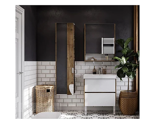 Приобрести Зеркальный шкаф 70х85 см белый глянец/дуб рустикальный Акватон Сканди 1A252202SDZ90 в магазине сантехники Santeh-Crystal.ru