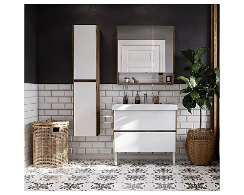 Приобрести Зеркальный шкаф 85х85 см белый глянец/дуб рустикальный Акватон Сканди 1A252302SDZ90 в магазине сантехники Santeh-Crystal.ru