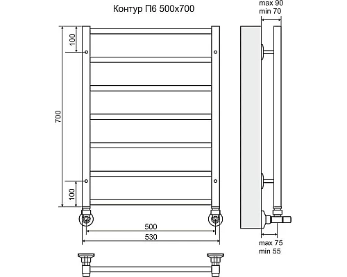 Заказать Полотенцесушитель водяной 700х530 подключение нижнее Terminus Контур П6 в магазине сантехники Santeh-Crystal.ru