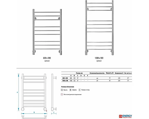 Купить Полотенцесушитель электрический 1000x500 Energy Ergo P EETRERGOP1005000000 в магазине сантехники Santeh-Crystal.ru