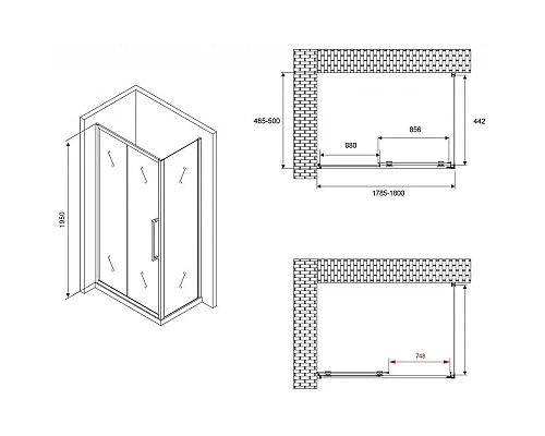 Купить Душевой уголок 180х50 см Abber Schwarzer Diamant AG30180BH-S50B прозрачное в магазине сантехники Santeh-Crystal.ru