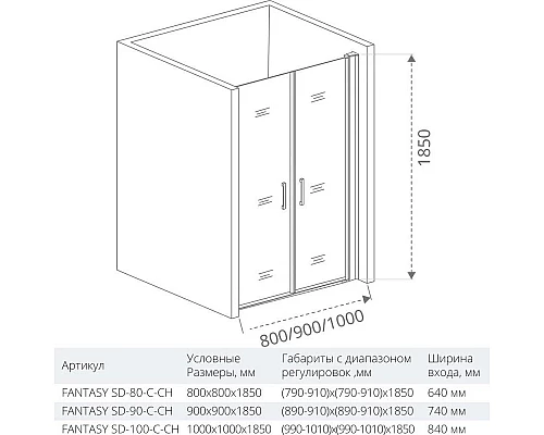 Приобрести Душевая дверь 90 см Good Door Fantasy SD-90-C-CH прозрачное в магазине сантехники Santeh-Crystal.ru