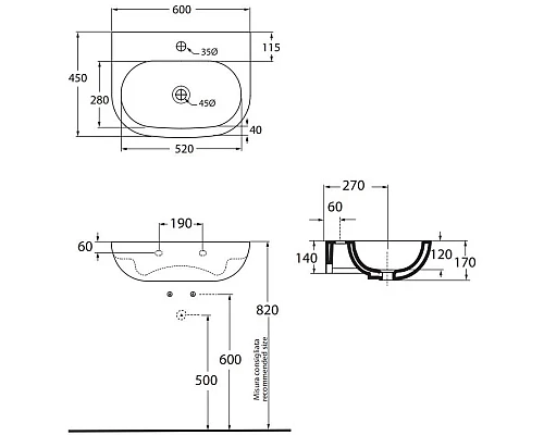 Приобрести Раковина 60х45 см с одним отверстием под смеситель Azzurra Nuvola NUV200/60bix1 в магазине сантехники Santeh-Crystal.ru