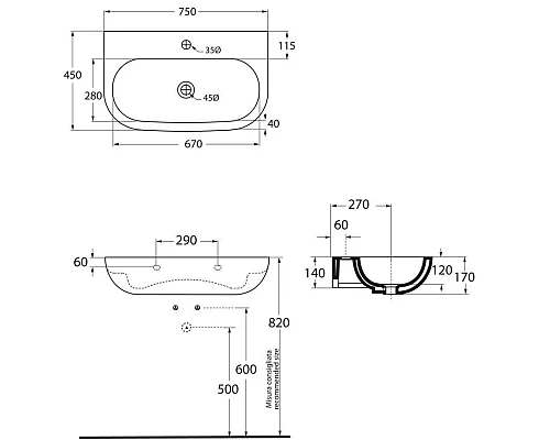 Купить Раковина 75х45 см с одним отверстием под смеситель Azzurra Nuvola NUV200/75bix1 в магазине сантехники Santeh-Crystal.ru