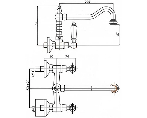 Купить Кухонный смеситель для настенного монтажа золото 24 карат, ручки золото 24 карат Cezares Lord LORD-LLP-03/24 в магазине сантехники Santeh-Crystal.ru