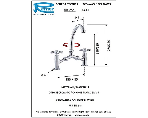 Приобрести Смеситель для раковины без донного клапана Remer Liberty 14LI в магазине сантехники Santeh-Crystal.ru