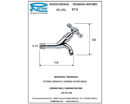 Заказать Кран для холодной воды без донного клапана Remer Liberty 57LICE в магазине сантехники Santeh-Crystal.ru