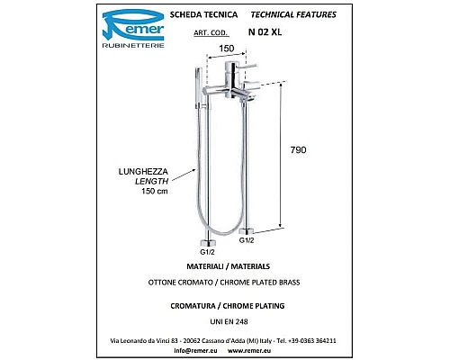Заказать Смеситель напольный для ванны Remer Minimal N02XL в магазине сантехники Santeh-Crystal.ru