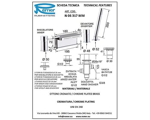 Купить Смеситель на борт ванны Remer Minimal N06317MM в магазине сантехники Santeh-Crystal.ru