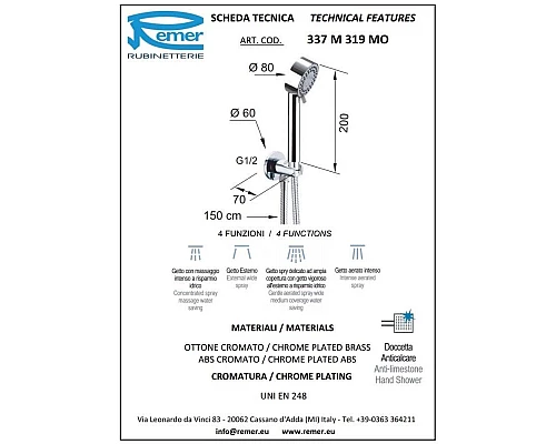 Приобрести Душевой набор Remer Minimal 337M319MO в магазине сантехники Santeh-Crystal.ru