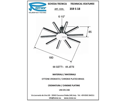 Заказать Верхний душ 180 мм Remer 359S18 в магазине сантехники Santeh-Crystal.ru