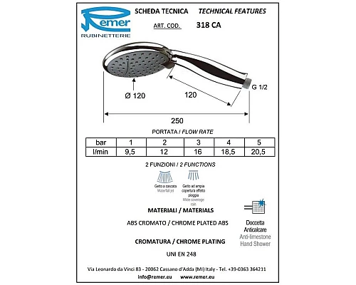Заказать Душевая лейка 120 мм Remer 318CA в магазине сантехники Santeh-Crystal.ru