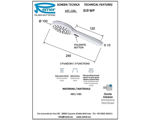 Заказать Душевая лейка 100 мм Remer 319WP в магазине сантехники Santeh-Crystal.ru