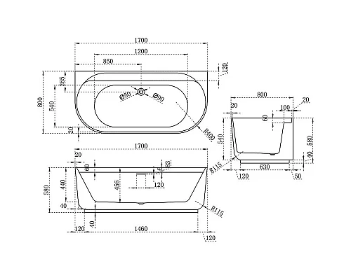 Акриловая ванна 170x80 см Vincea VBT-621B