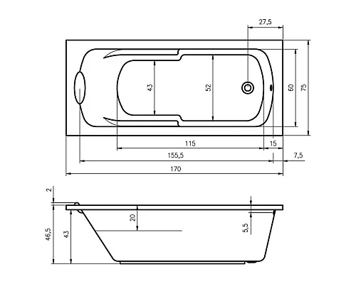 Приобрести Акриловая ванна 170х75 см Riho Virgo BZ0700500000000 в магазине сантехники Santeh-Crystal.ru