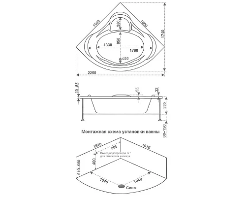Заказать Акриловая ванна 160х160 см Bas Мега B00024 в магазине сантехники Santeh-Crystal.ru