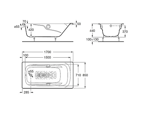 Приобрести Чугунная ванна 170x85 см с противоскользящим покрытием Roca Ming SET/2302G000R/291120001/150412330 в магазине сантехники Santeh-Crystal.ru