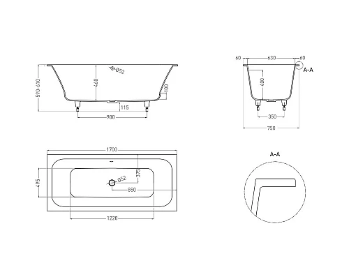 Купить Ванна из литьевого мрамора 170x75 см Salini S-Stone Orlanda Axis 103223M в магазине сантехники Santeh-Crystal.ru