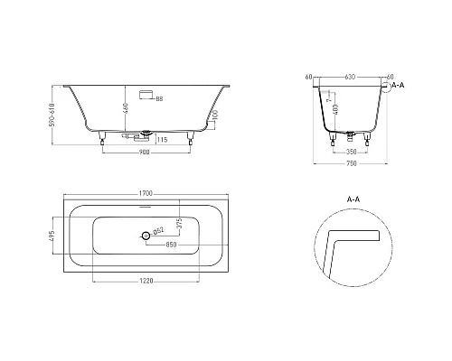 Заказать Ванна из литьевого мрамора 170x75 см Salini S-Sense Orlanda Axis Kit 103313G в магазине сантехники Santeh-Crystal.ru