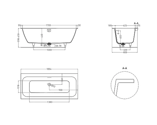 Приобрести Ванна из литьевого мрамора 180,4x80 см Salini S-Stone Orlanda Axis Kit 103322M в магазине сантехники Santeh-Crystal.ru