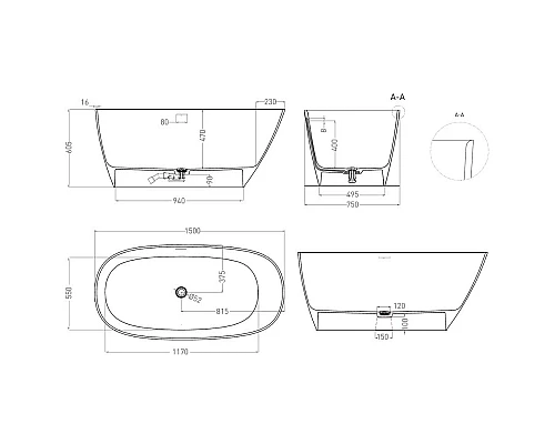 Заказать Ванна из литьевого мрамора 150x75 см Salini S-Stone Sofia 102528M в магазине сантехники Santeh-Crystal.ru