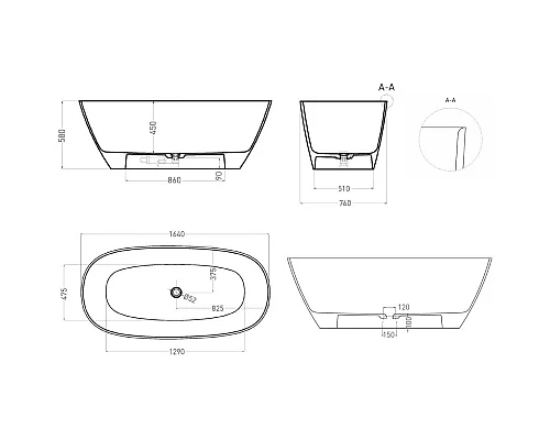 Заказать Ванна из литьевого мрамора 164x76 см Salini S-Sense Sofia Light 103611G в магазине сантехники Santeh-Crystal.ru