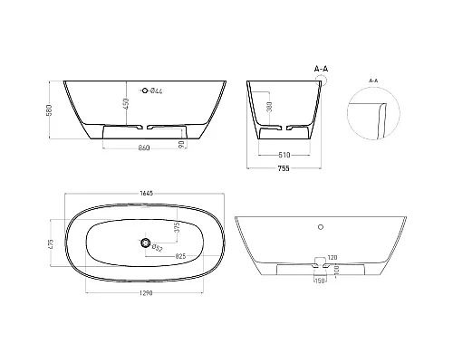 Приобрести Ванна из литьевого мрамора 164,5x75,5 см Salini S-Sense Sofia Light 103711G в магазине сантехники Santeh-Crystal.ru