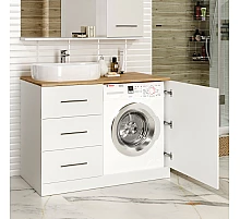 Респект -120 Тумба с 3 ящ. под стиральную машину левая (белая ПВХ/Дуб Тиссано) / раковина