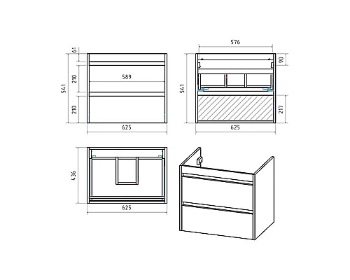 Приобрести BALATON - 65 Тумба подвесная с 2 ящ., комбинированный / раковина в магазине сантехники Santeh-Crystal.ru