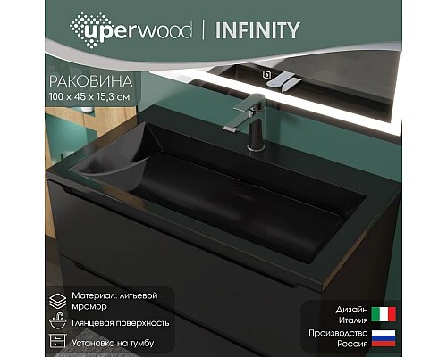 Раковина для ванной полувстраиваемая Uperwood Infinity 100х45х15,3 см, черная глянцевая