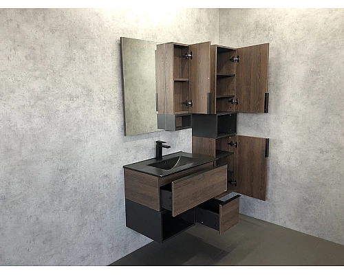 Приобрести Зеркало со шкафом Comforty Франкфурт 75 00004151044 Дуб шоколадно-коричневый Черное матовое в магазине сантехники Santeh-Crystal.ru