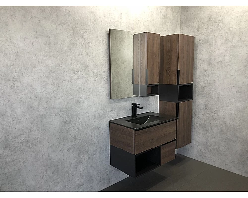 Приобрести Зеркало со шкафом Comforty Франкфурт 75 00004151044 Дуб шоколадно-коричневый Черное матовое в магазине сантехники Santeh-Crystal.ru