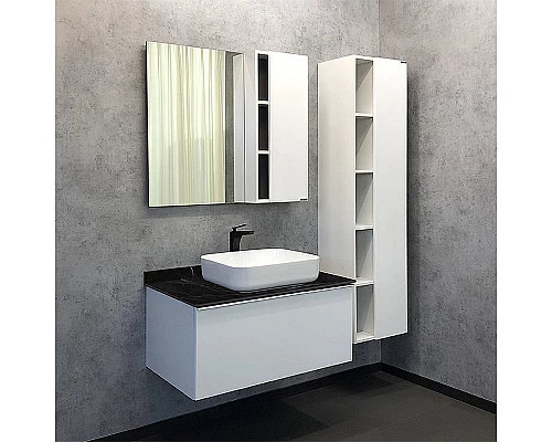 Приобрести Тумба с раковиной Comforty Милан 90 00-00014008 подвесная Белая гляцевая Калакатта Блэк в магазине сантехники Santeh-Crystal.ru