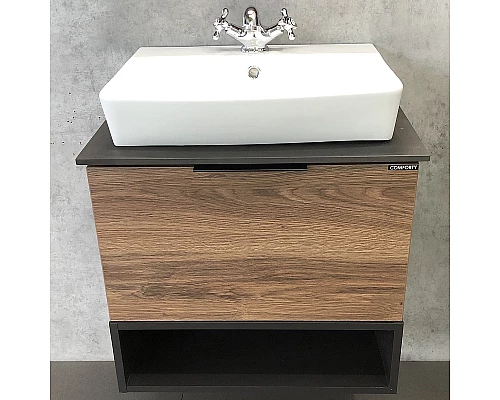 Купить Тумба с раковиной Comforty Штутгарт 60 00004151039 подвесная Дуб темно-коричневый Черная столешница в магазине сантехники Santeh-Crystal.ru