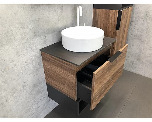 Купить Тумба с раковиной Comforty Штутгарт 60 00-00001698 подвесная Дуб темно-коричневый Черная столешница в магазине сантехники Santeh-Crystal.ru